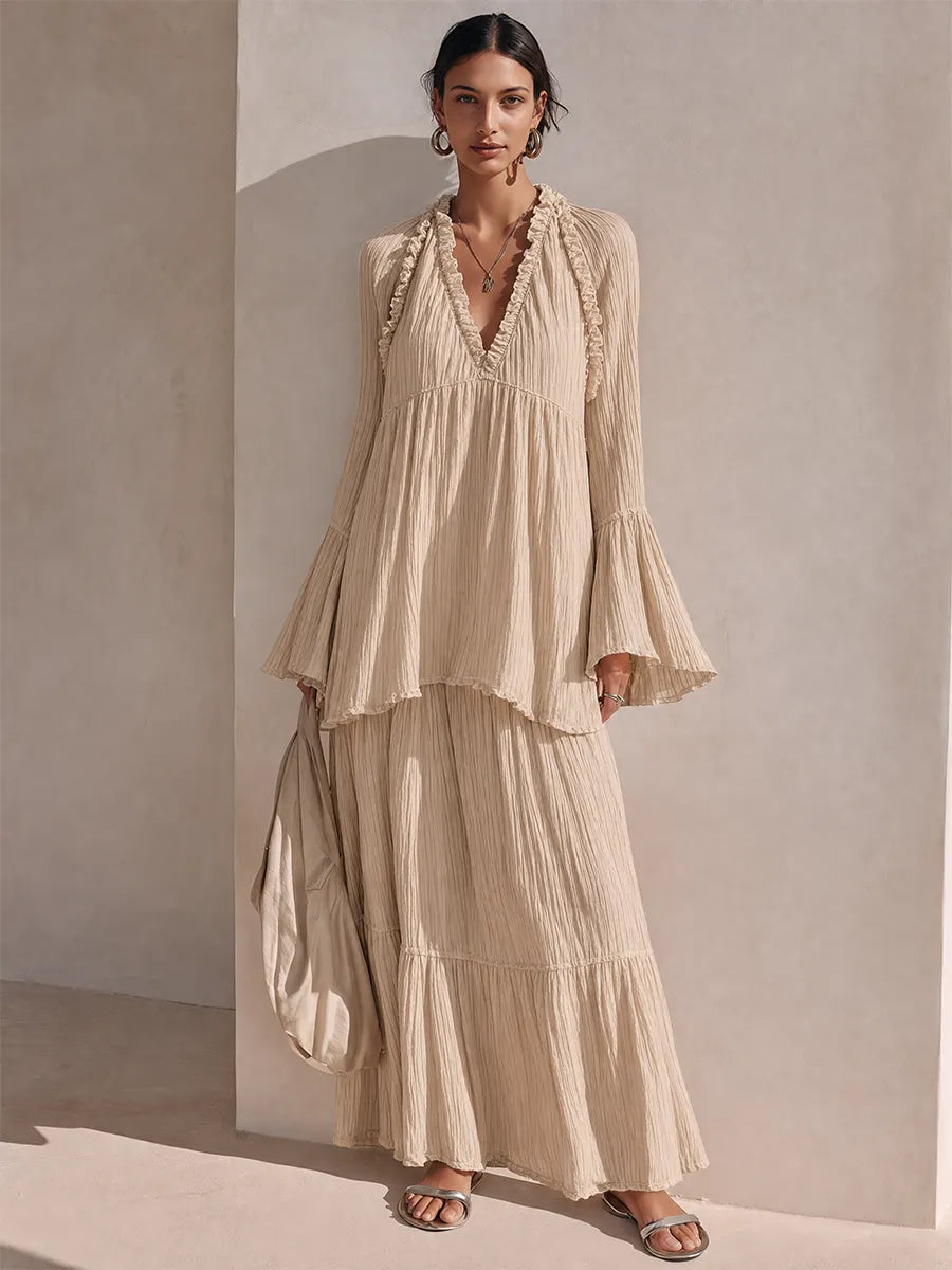 Women's Solid Beige Crinkled-Texture Tiered Ruffle Maxi Dress MDZ0232G9ZRK
