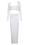 Long Sleeve Flower Detail Two Piece Maxi Dress White