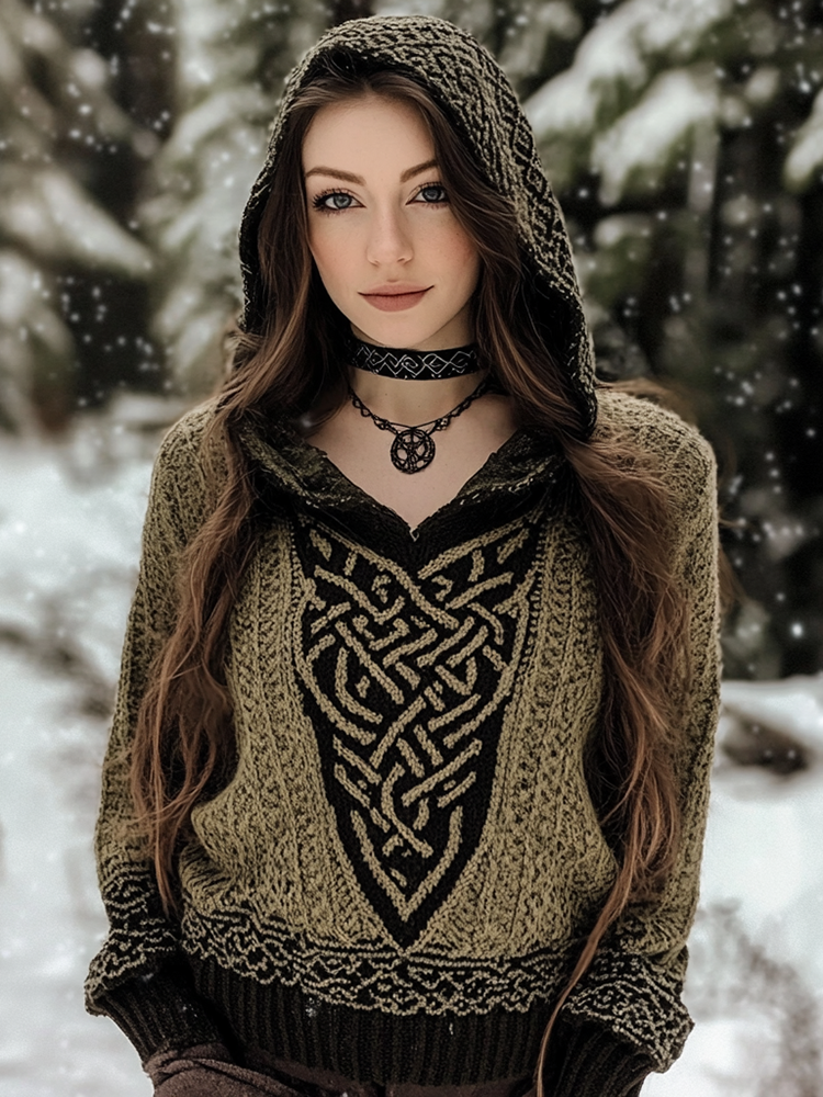 Women's Viking Style Celtic Knot Knitted Jacquard Hooded Sweater