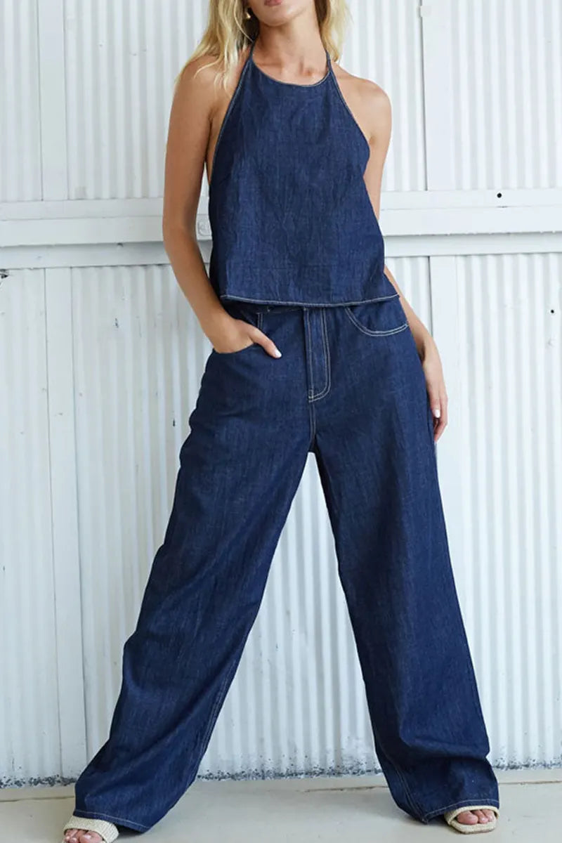 Women's Casual Backless Spaghetti Strap Denim Top& Casual Wide Leg Jeans