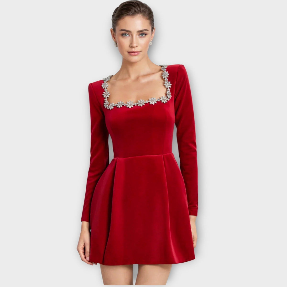 Crystal-Embellished Square Neck Mini Dress