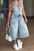 Hot Selling Women's Casual Denim Tops And Shorts