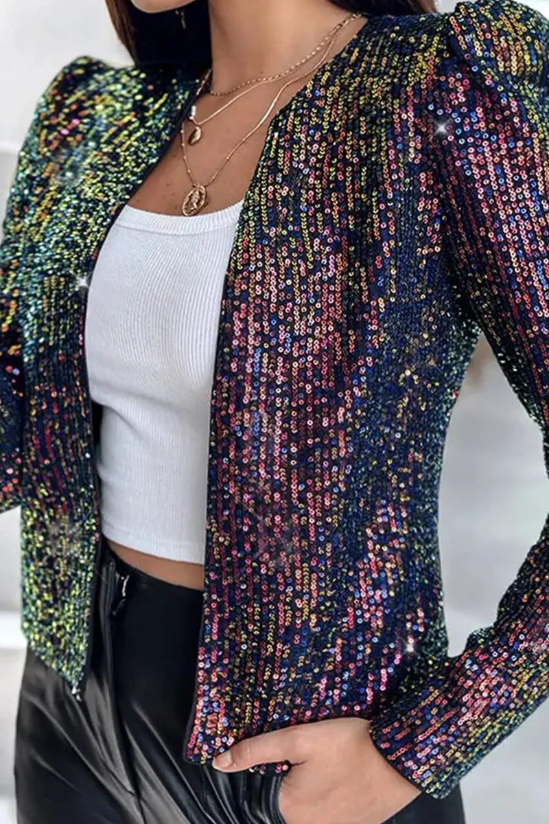 Chic Leopard Print Sequin Covered Long-Sleeve Jacket