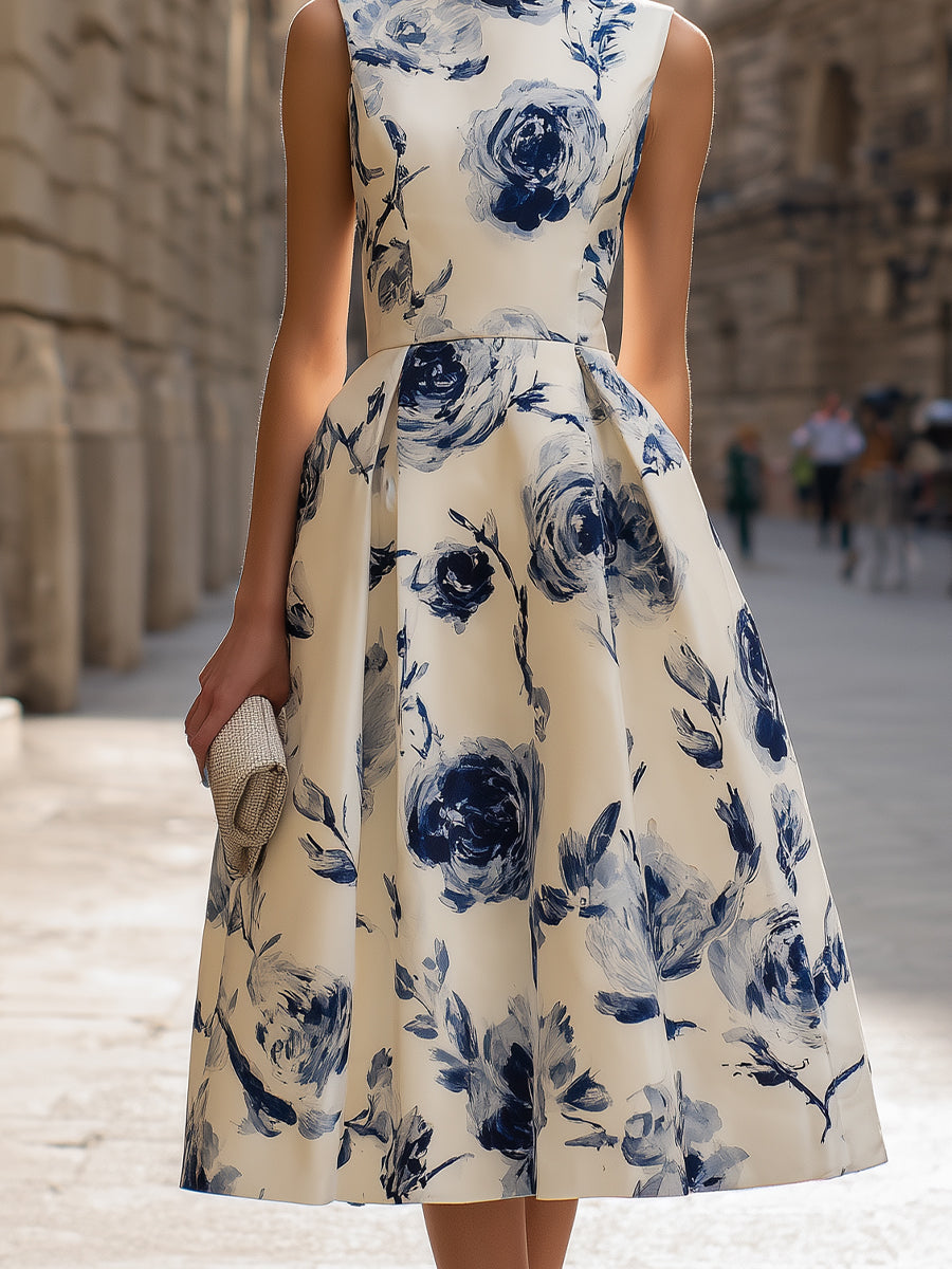 Sleeveless Floral A-Line Midi Dress