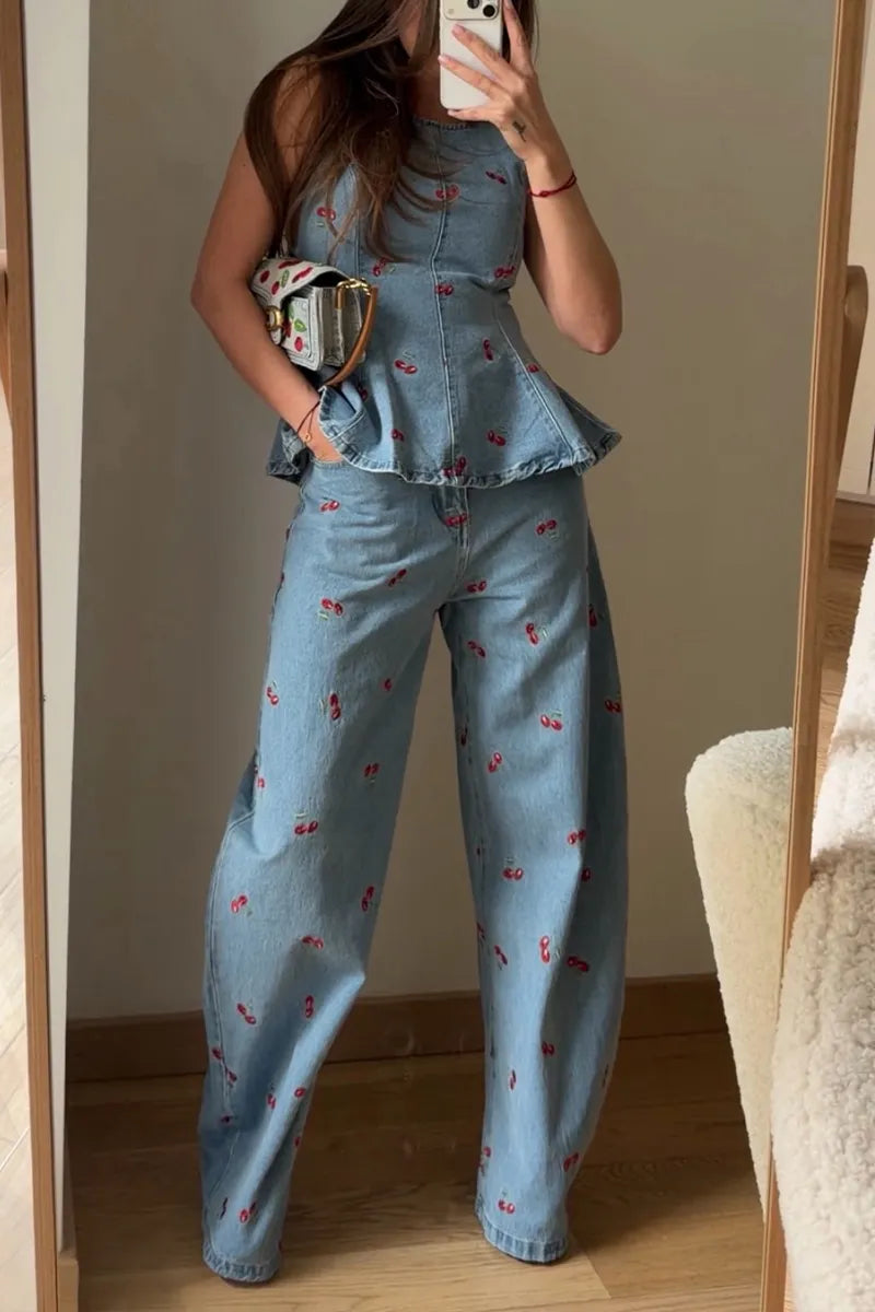 Women's Fashion Cherry Pattern Trim Denim Vest & Jeans