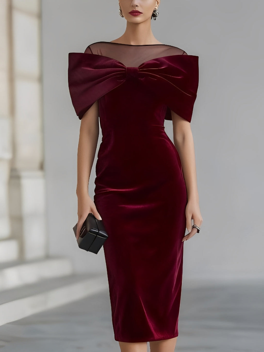 DRAMATIC BURGUNDY VELVET BOW MIDI DRESS