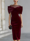 DRAMATIC BURGUNDY VELVET BOW MIDI DRESS