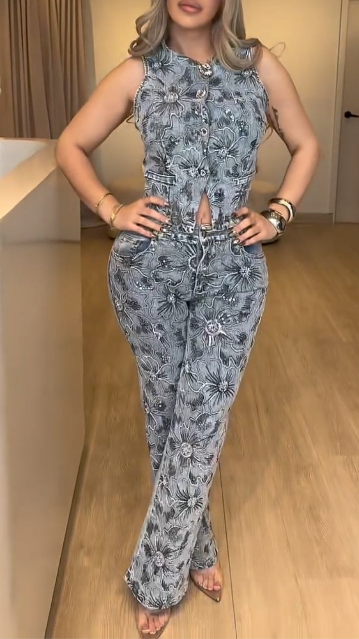Women's Heavy Sequined Floral Embroidered Denim Two-Piece Set