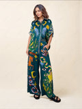 Unique Print Elastic Waist Pocketed Wide Leg Pants Set