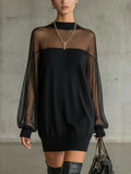 Party Black Round Neck Lantern Sleeve Long Sleeve See Through Elegant Tulle Mini Dresses