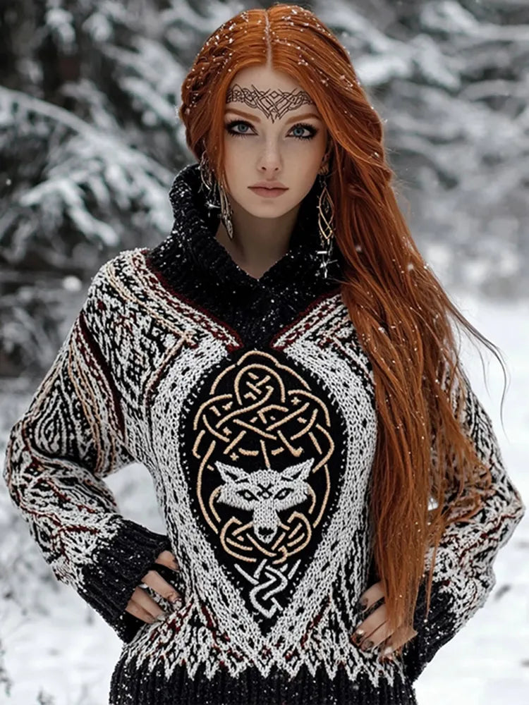 Women's Viking Wolf Jacquard Celtic Style Knitted Hooded Sweater