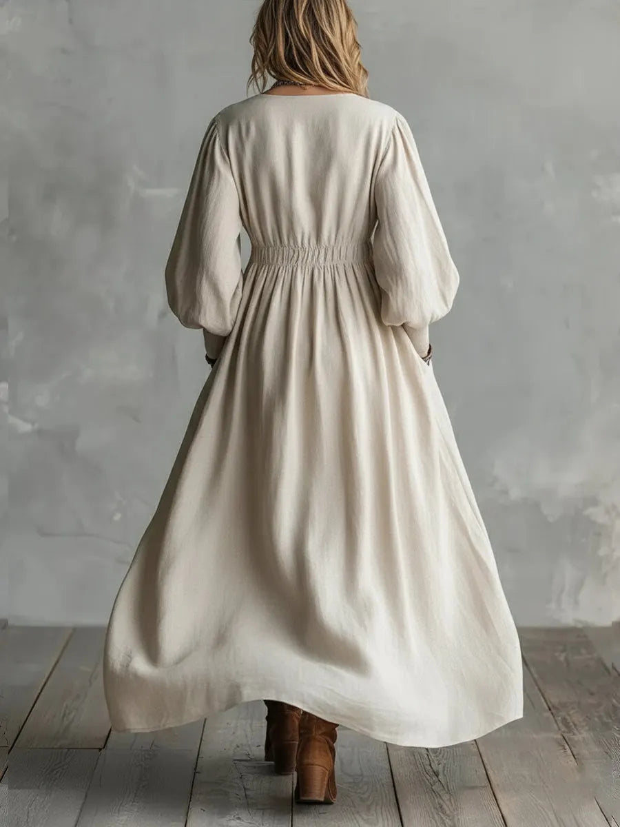 Waist-elastic Linen And Cotton Lantern-sleeved Dress
