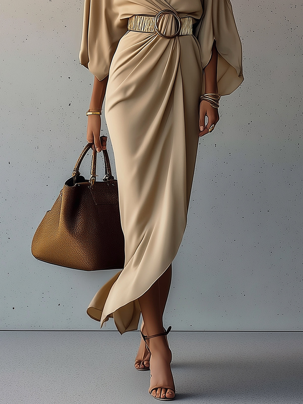 Sand Drape Belted Batwing Midi Dress