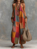 Women's Plaid-print Casual Loose Halter-neck Cotton-linen Wide-leg Jumpsuit