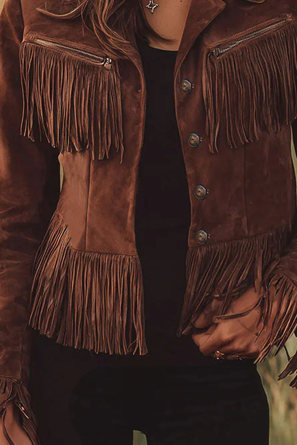 Retro-style Lapel Long-sleeved Tassel Casual Suede Short Jacket