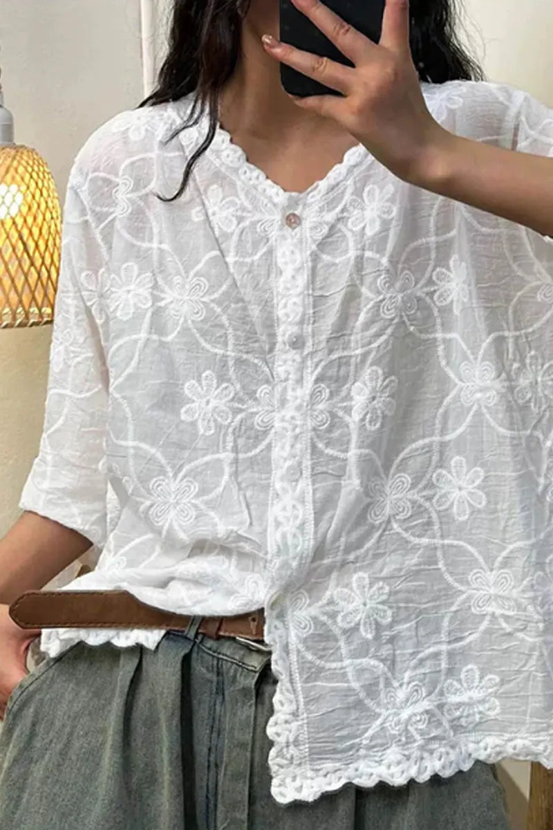 Women's V-Neck Half Sleeved Embroidered Cardigan Button Casual Linen Top