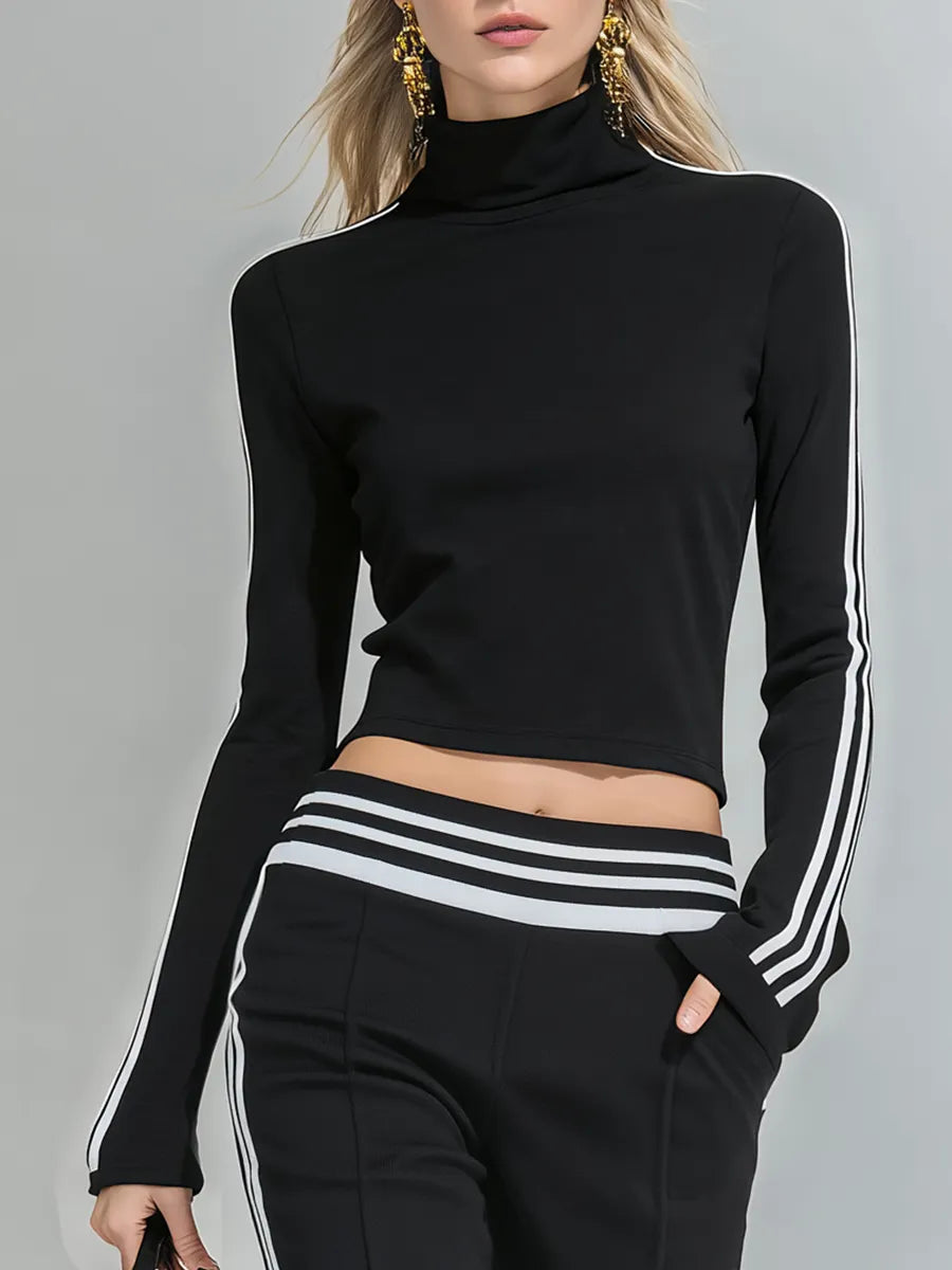 Sporty And Stylish Stand-up Collar T-shirt And Flared Pants Set
