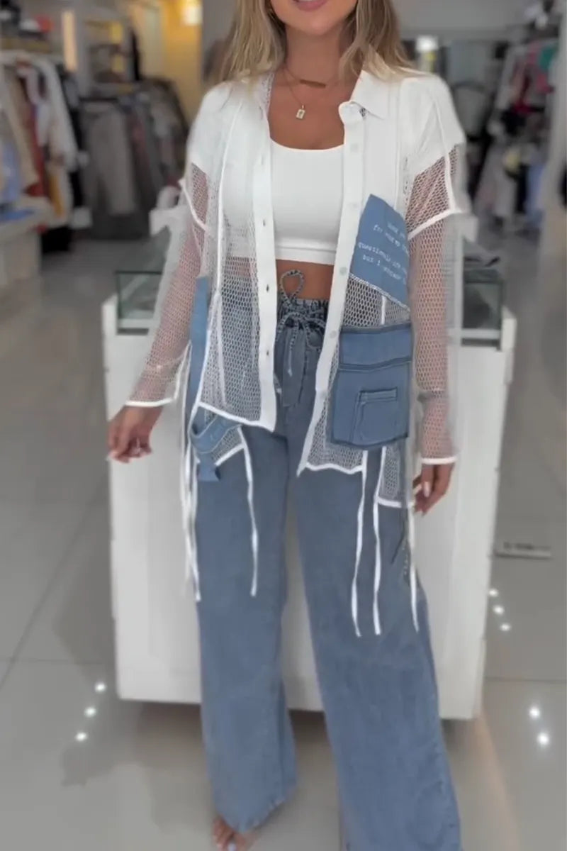 Women Collar Patchwork Denim Hollow Top or Drawstring Wide Leg Jeans