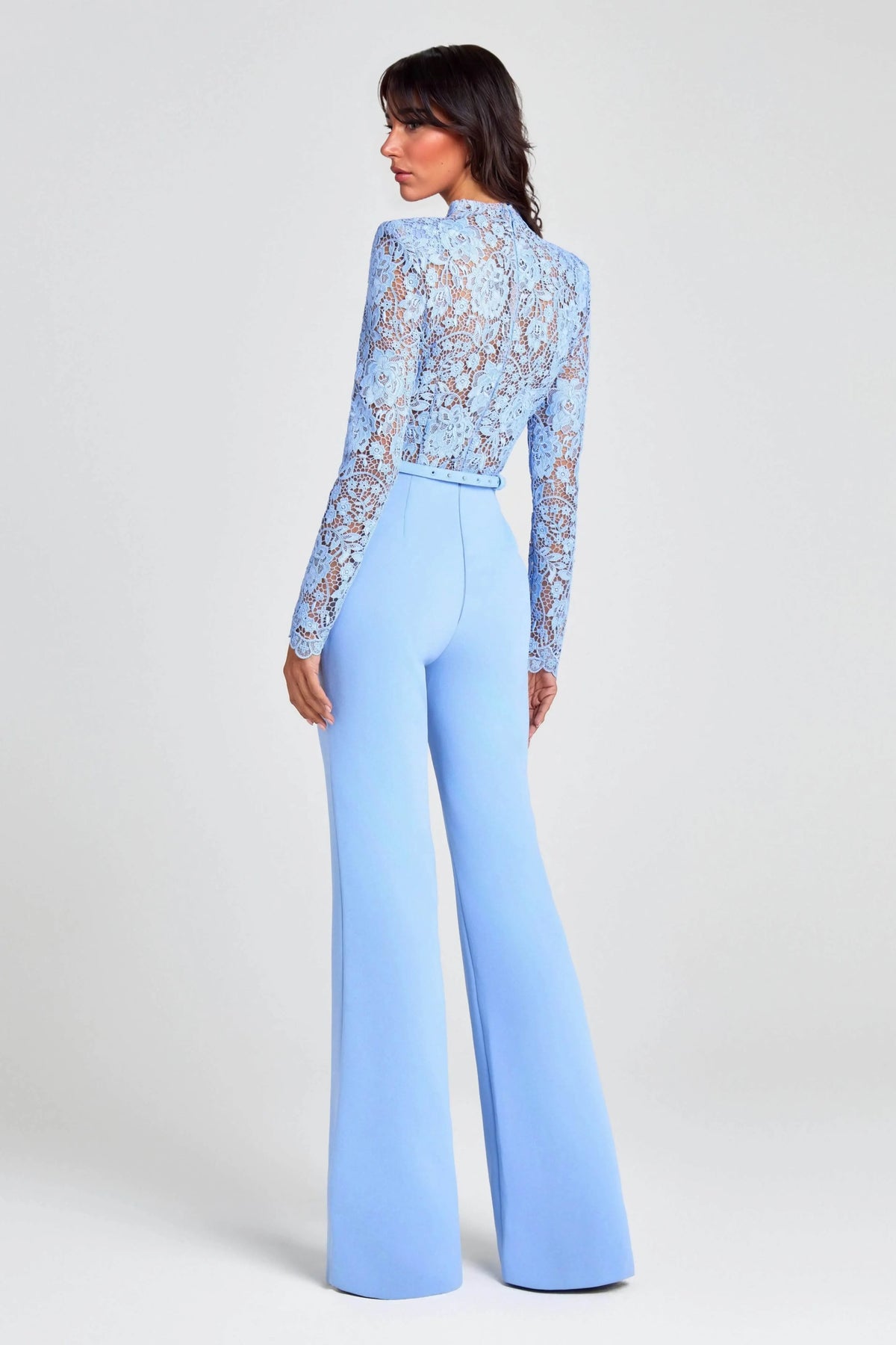 Elegant Party Charmer Flower Lace Patchwork Long Sleeve Bow Belted Flare Jumpsuit