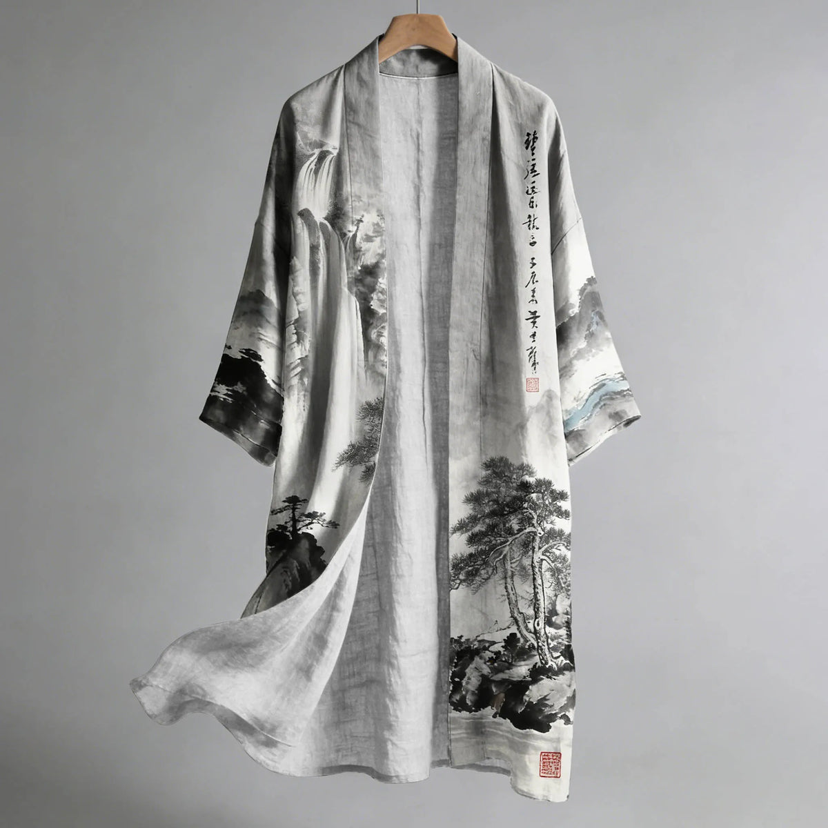 Men's Retro Landscape Painting Art Linen Long Kimono