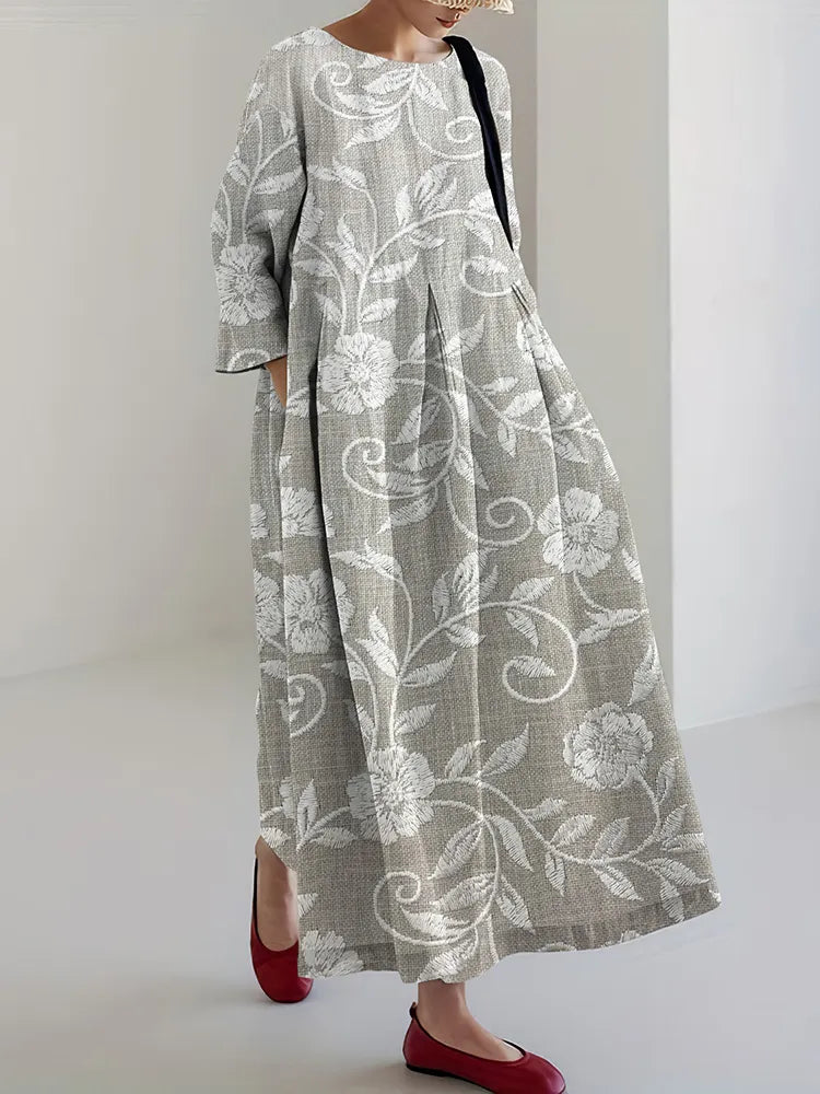 Floral Embroidery Print Long Sleeve Casual Midi Dress