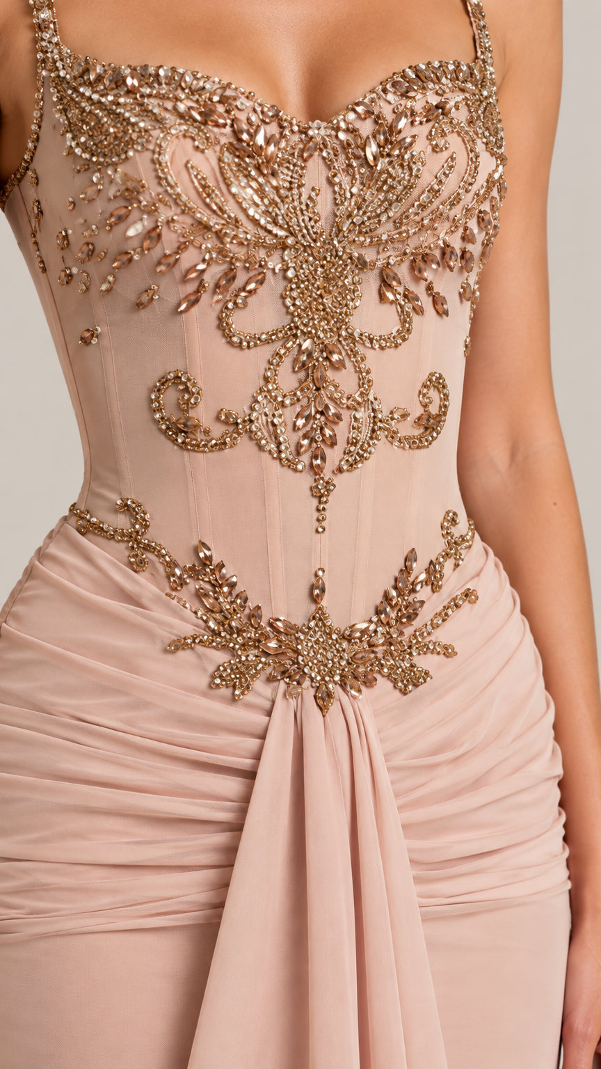 Embellished Corset Sweetheart Evening Gown with Draped Ruched Skirt