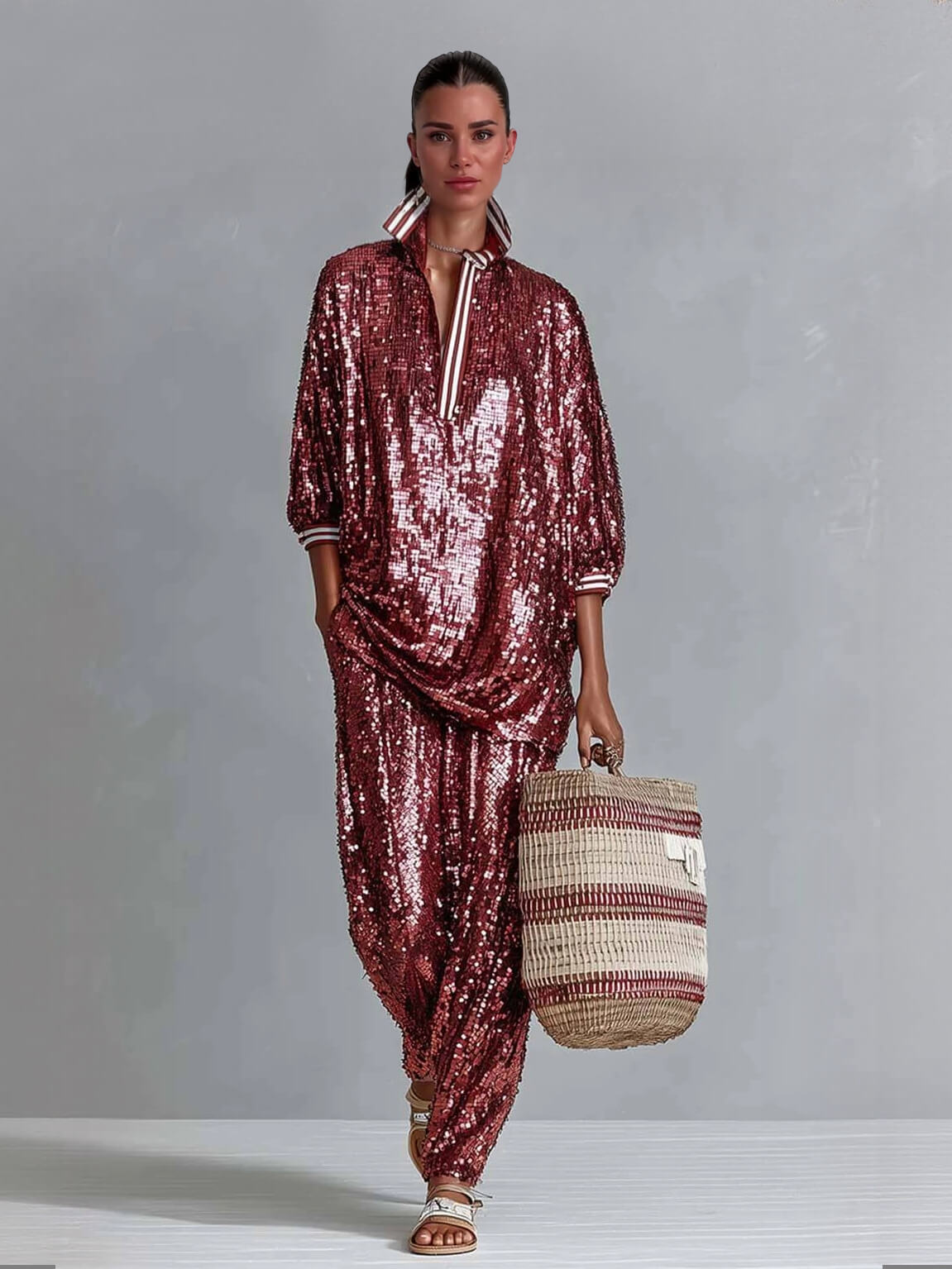 Charming Sequin Stripe Trim Oversized Top