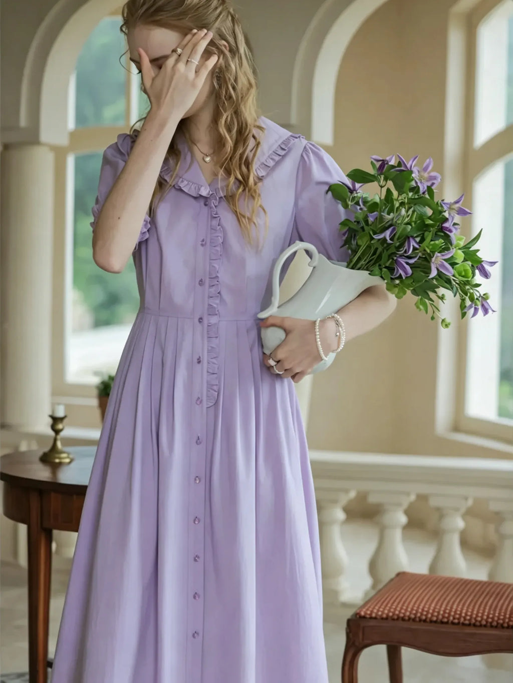 Lavender Ruffled V-neck Midi Dress