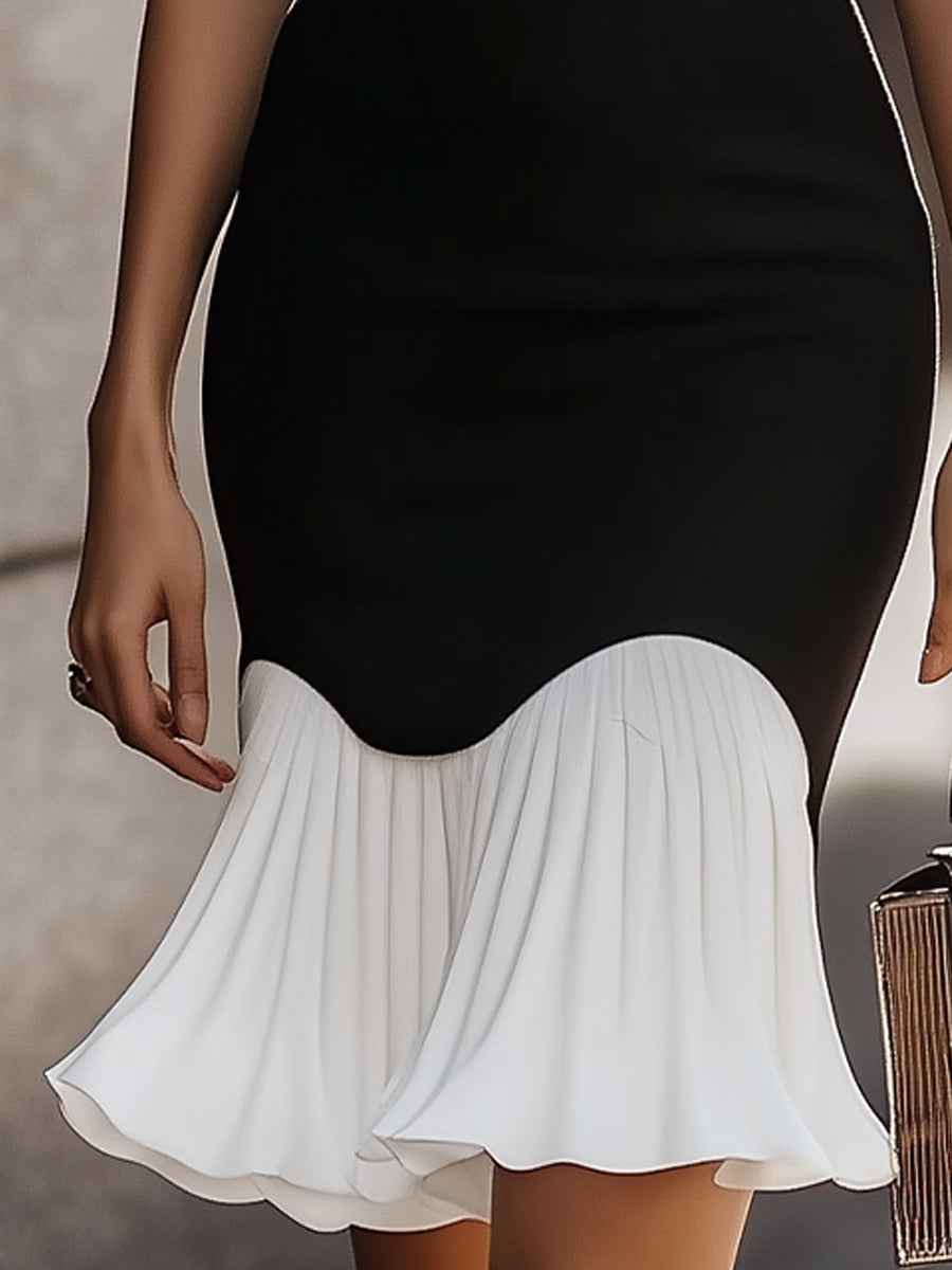 Elegant Black and White High Neck Midi Dress