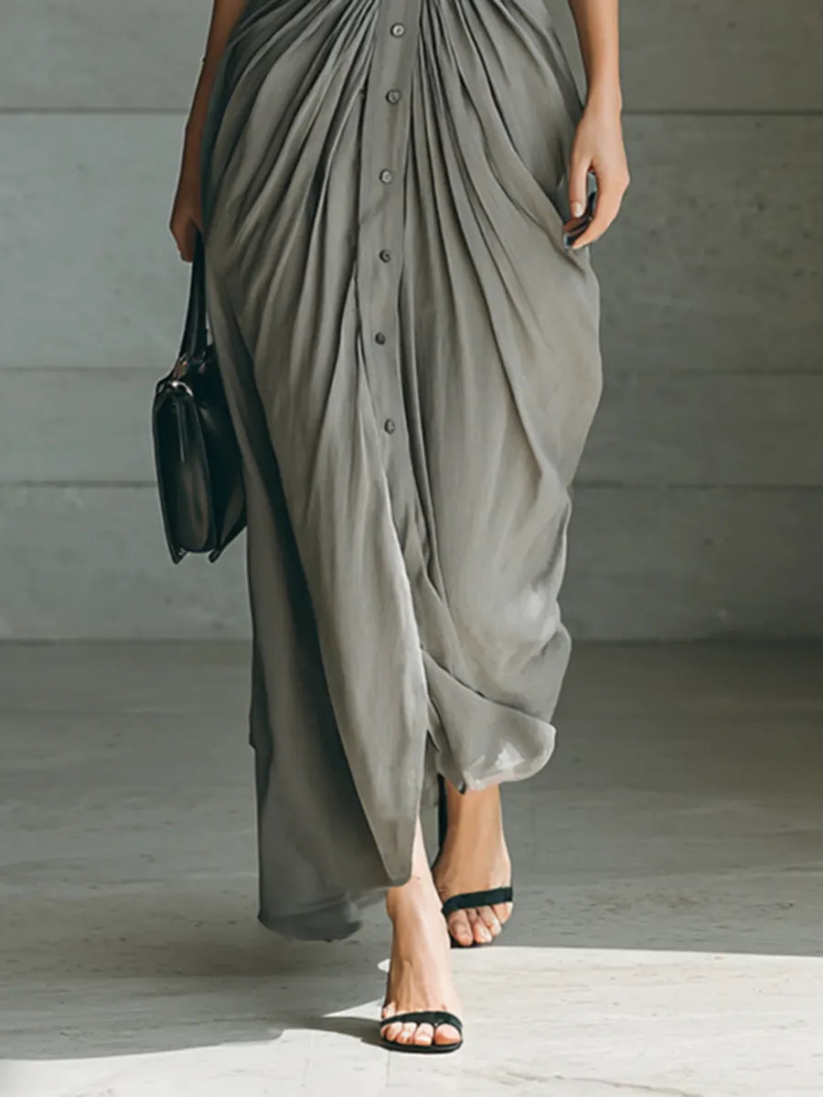 Ladies Lapel Long Sleeve Single Breasted Belt Maxi Dress