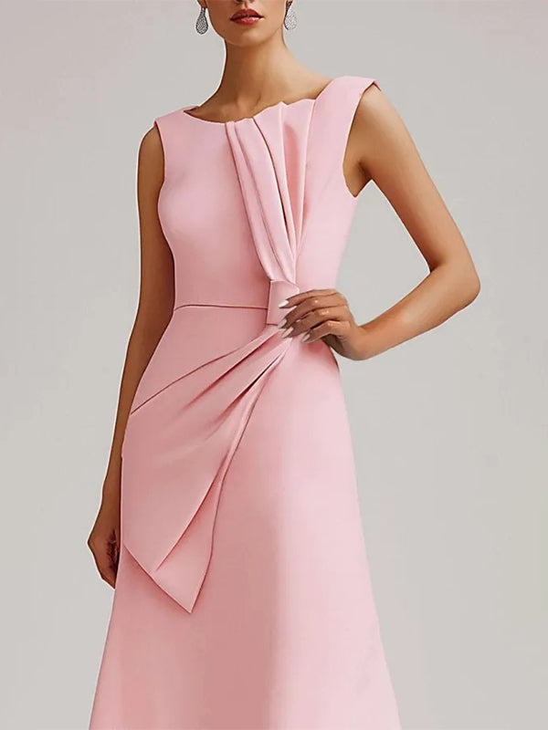 Wedding Guest Pink Dress Round Neck Sleeveless Bow Midi Dress