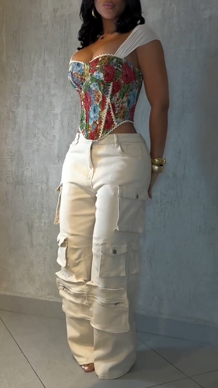 Ladies Square Collar Printed Back Strap Top+ Multi Pocket Patchwork Pants Casual Set