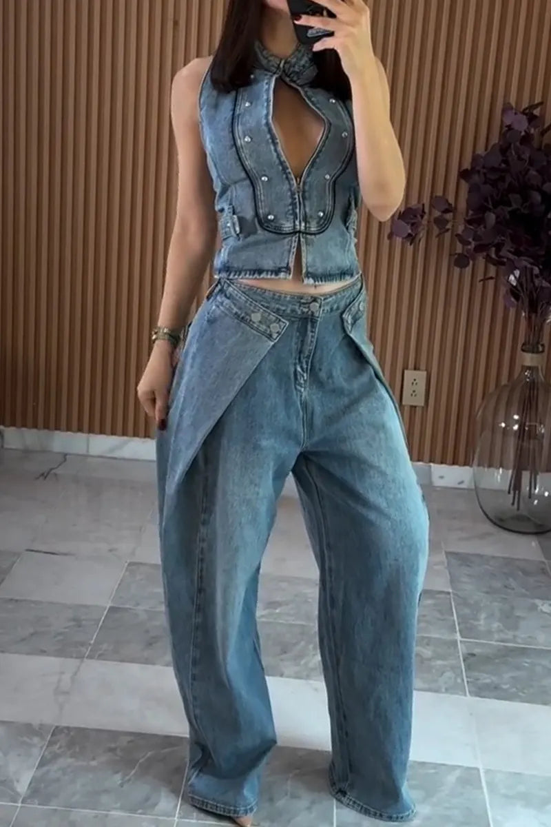 Women's Casual Slim Fit Backless Denim Vest or Layered Jeans