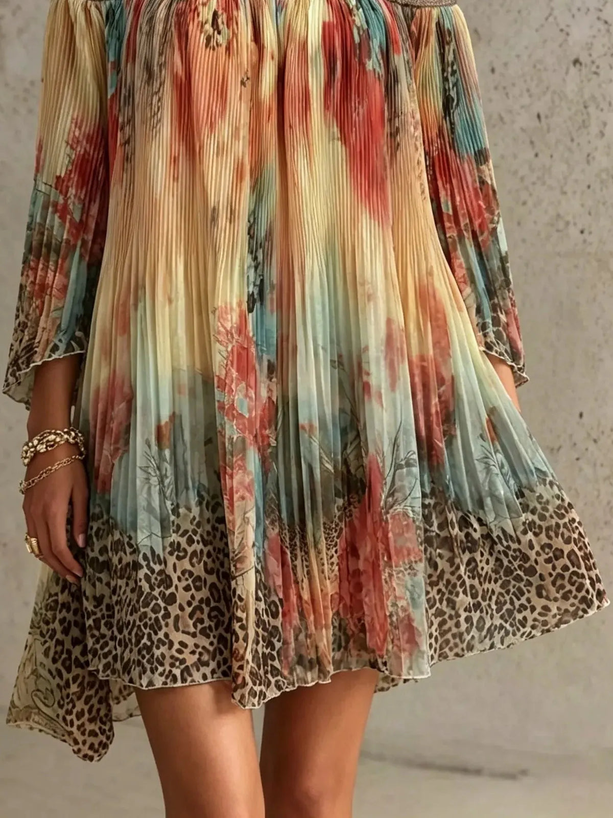 Vintage Floral Print Pleated Lace Off-shoulder Mini Dress