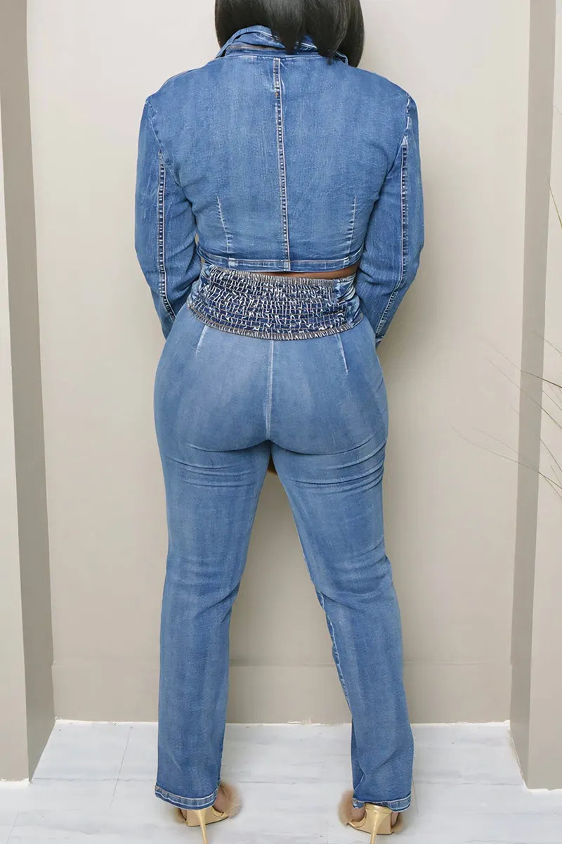 Women's Casual Lapel Cropped Denim Jacket Or Skinny Distressed Patchwork Jeans