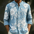 Men's Spring Floral Embroidered Art Print Flowy Linen Blend Casual Shirt