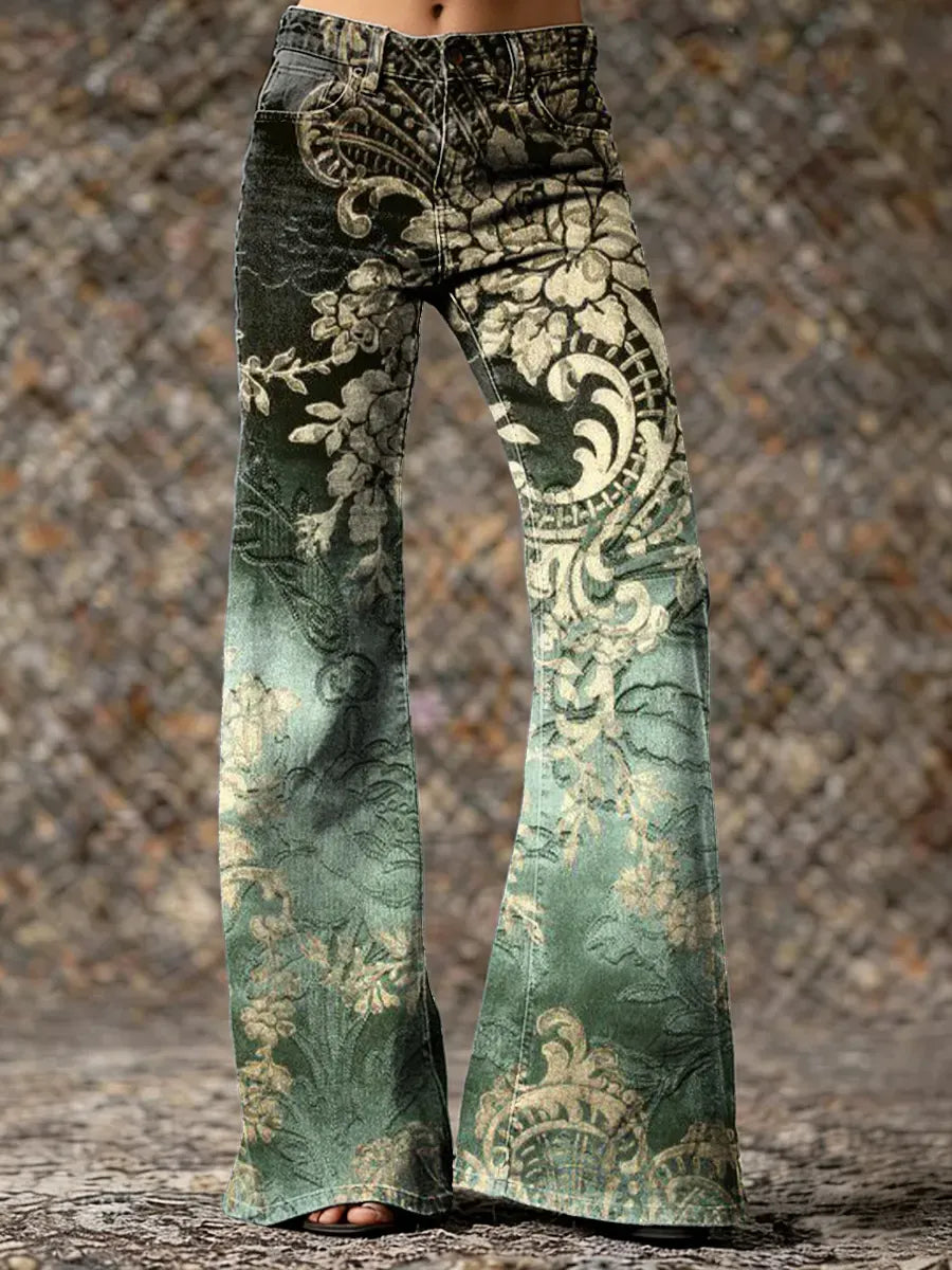 Women's Vintage Totem Art Print Washed Cotton  Pants