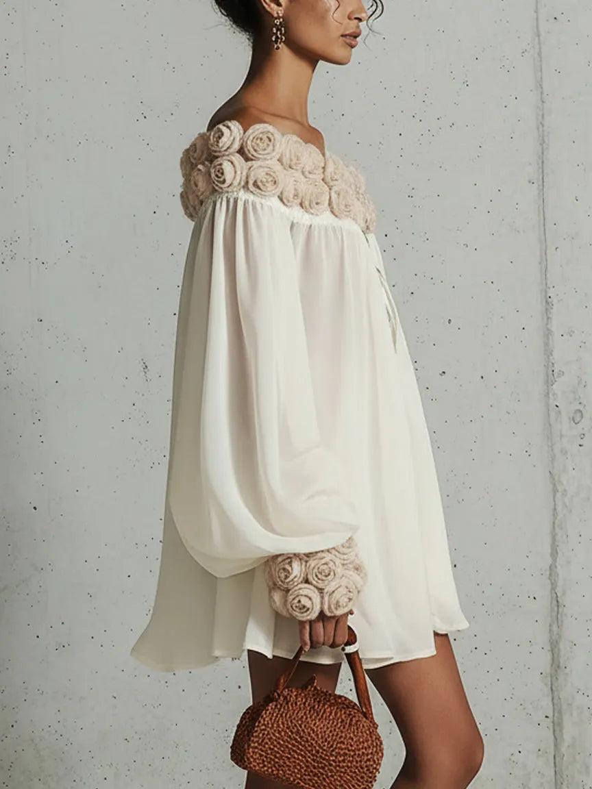 24-Hour-Shipping Cream 3D Floral Chiffon Zip Mini Dress