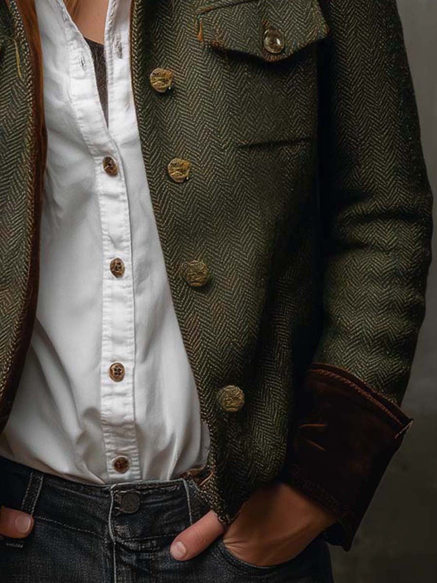 Vintage Herringbone Tweed Blazer With Velvet Trim