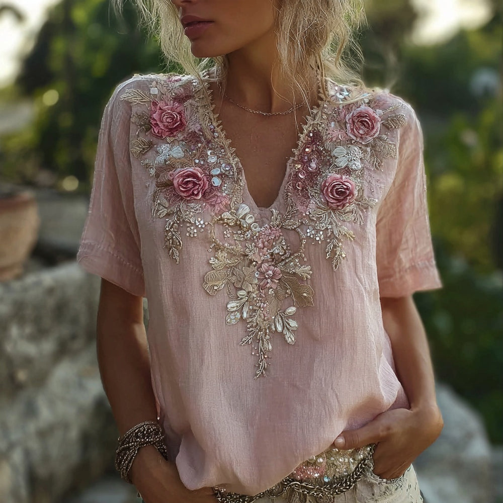 Vintage Boho Pink Roses Embroidered Short Sleeve Linen Shirt