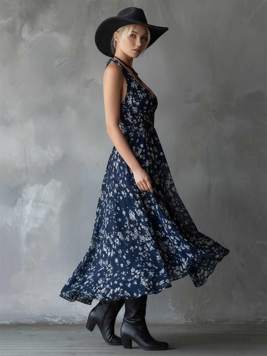 Retro Classic Floral Print Navy Blue Chiffon Sleeveless Maxi Dress