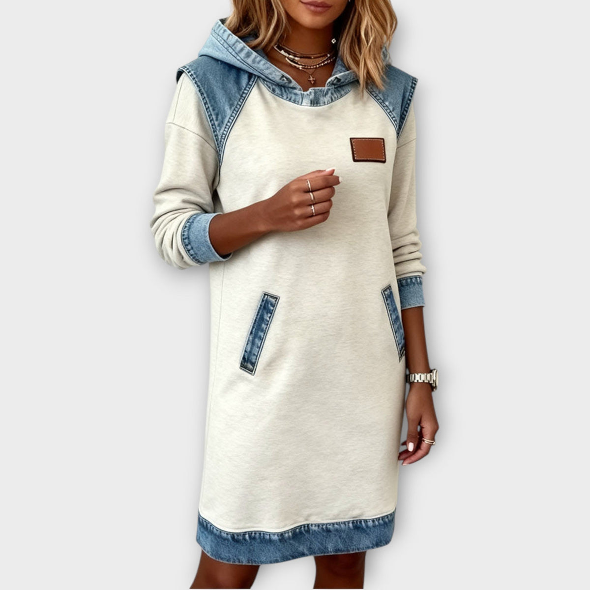 Denim-Trim Hoodie Sweater Dress