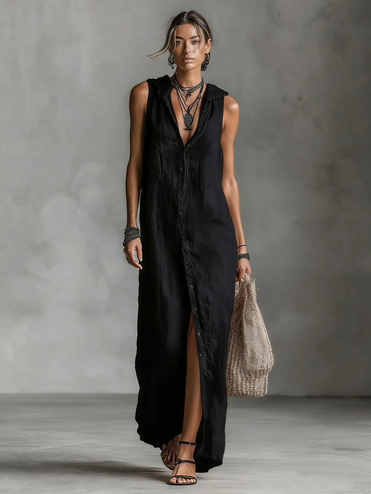 Bohemian Hooded Maxi Shirt Dress - Sleeveless High-Slit Button-Down Summer Vacation Long Dress