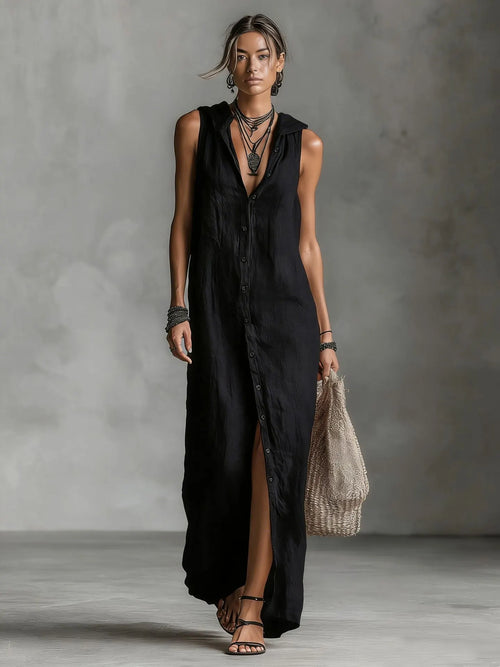 Bohemian Hooded Maxi Shirt Dress - Sleeveless High-Slit Button-Down Summer Vacation Long Dress