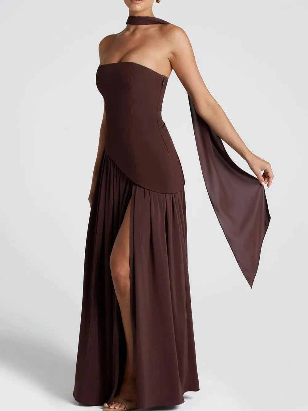 Strapless Slit Ribbon Maxi Dress