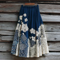 Vintage Japanese Traditional Sashiko Art Pattern Linen Blend Casual Skirt