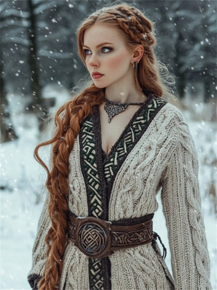 Medieval Contrast Hem Cable Knit Cozy Long Cardigan