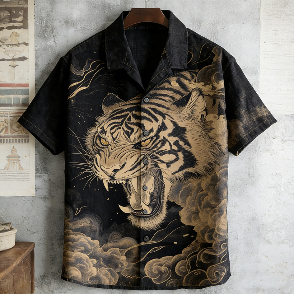 Japanese Art Vintage Tiger Pattern Men's Short Sleeve Shirt