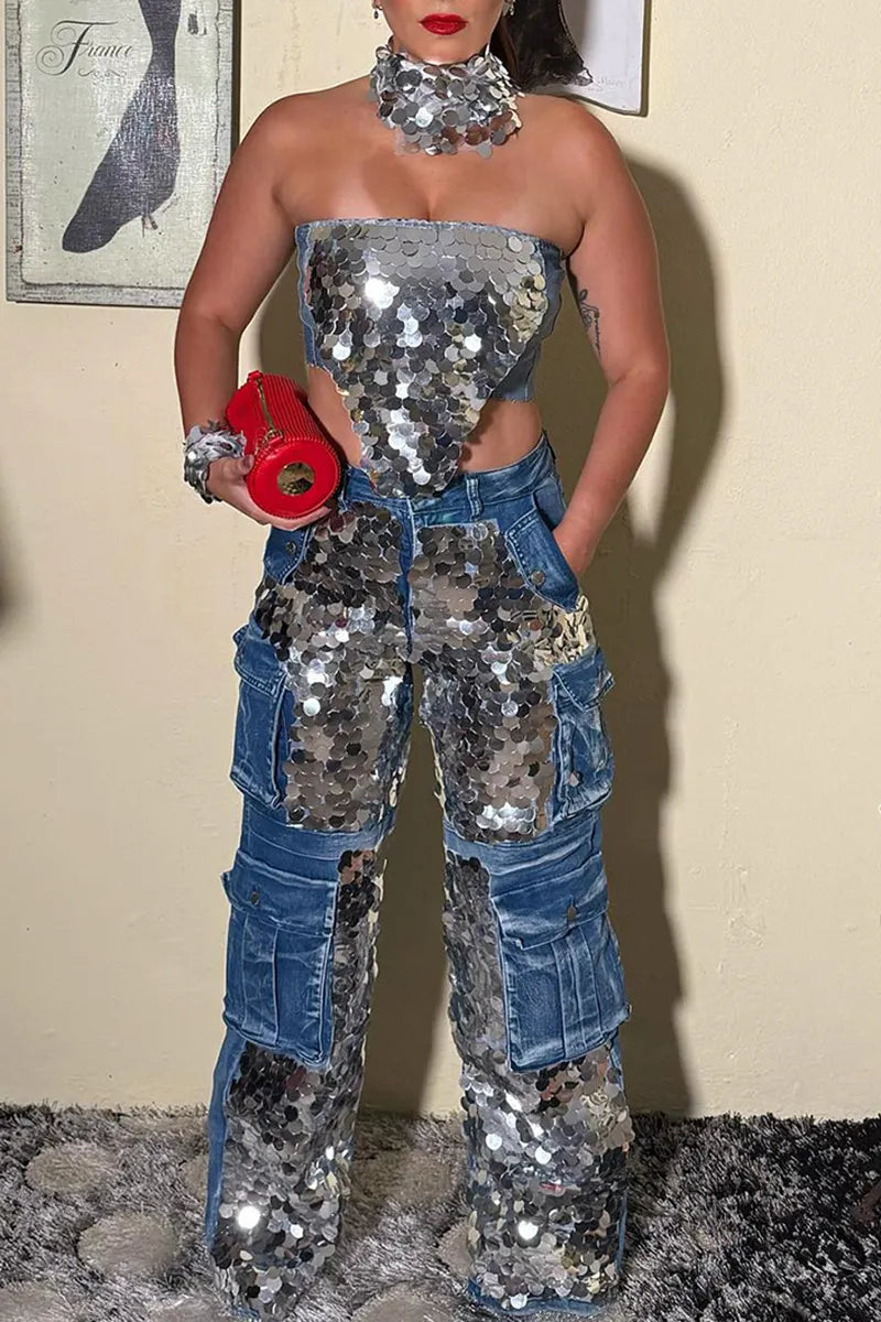 Women's Fashion Sequin Panel Bustier or Sequin Cargo Jeans