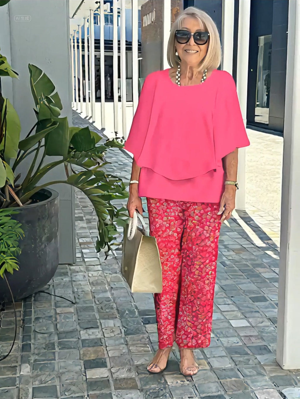 Casual Crew Neck Medium Sleeve Top Printed Floral Pants Set Two-piece Set